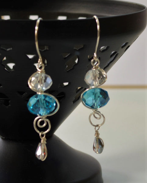Silver Crystal Aqua Drop Earrings